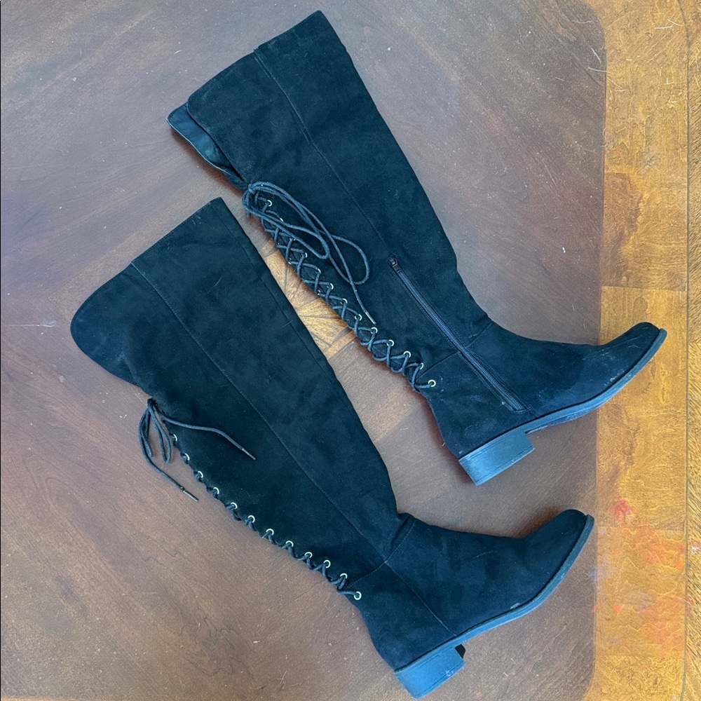 Chic Black Faux Suede Lace-Up Over the Knee Boots